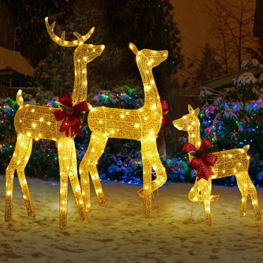3-Piece Lighted Christmas Reindeer Set with 200 LED Warm White Lights – Golden Outdoor Decoration
