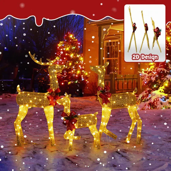 3-Piece Lighted Christmas Reindeer Set with 200 LED Warm White Lights – Golden Outdoor Decoration
