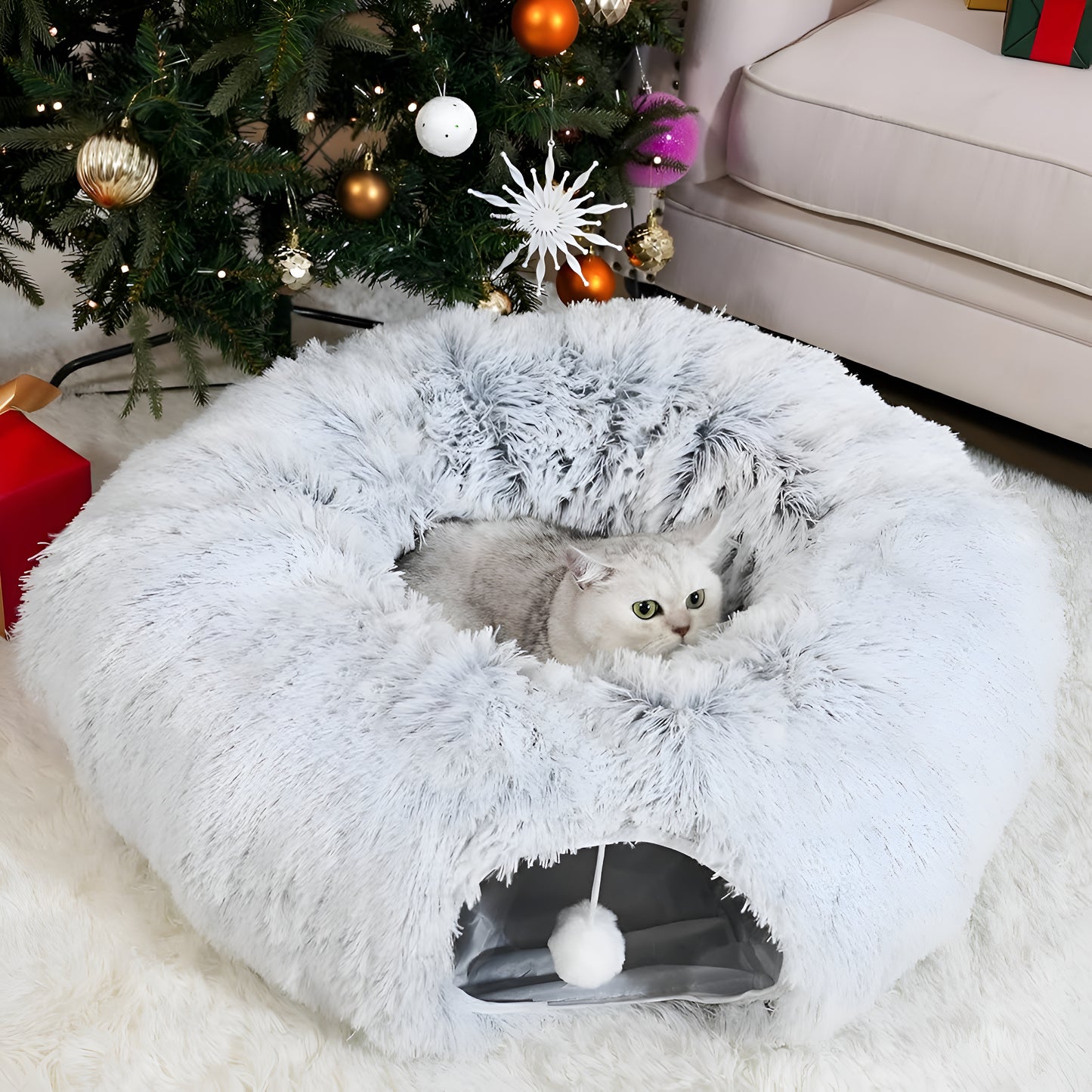 Christmas Cozy Cat Tunnel Bed,