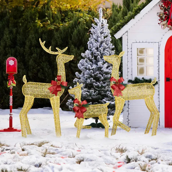 3-Piece Lighted Christmas Reindeer Set with 200 LED Warm White Lights – Golden Outdoor Decoration