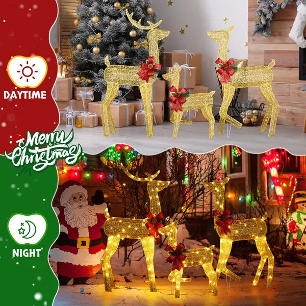 3-Piece Lighted Christmas Reindeer Set with 200 LED Warm White Lights – Golden Outdoor Decoration