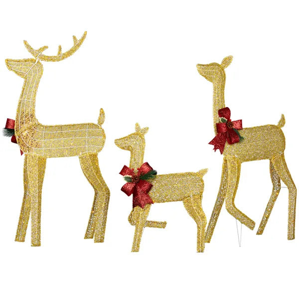3-Piece Lighted Christmas Reindeer Set with 200 LED Warm White Lights – Golden Outdoor Decoration