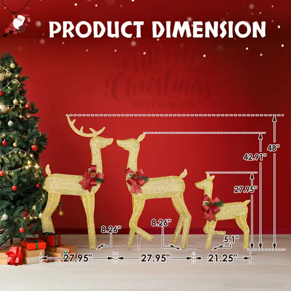 3-Piece Lighted Christmas Reindeer Set with 200 LED Warm White Lights – Golden Outdoor Decoration