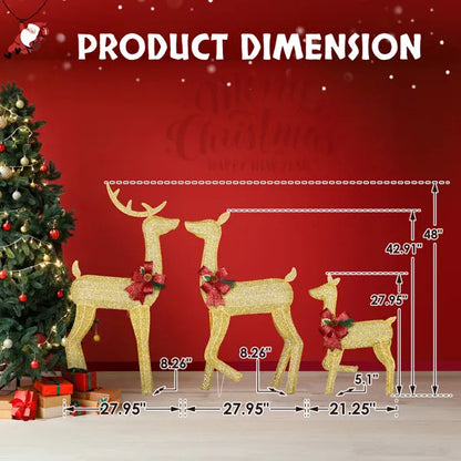 3-Piece Lighted Christmas Reindeer Set with 200 LED Warm White Lights – Golden Outdoor Decoration